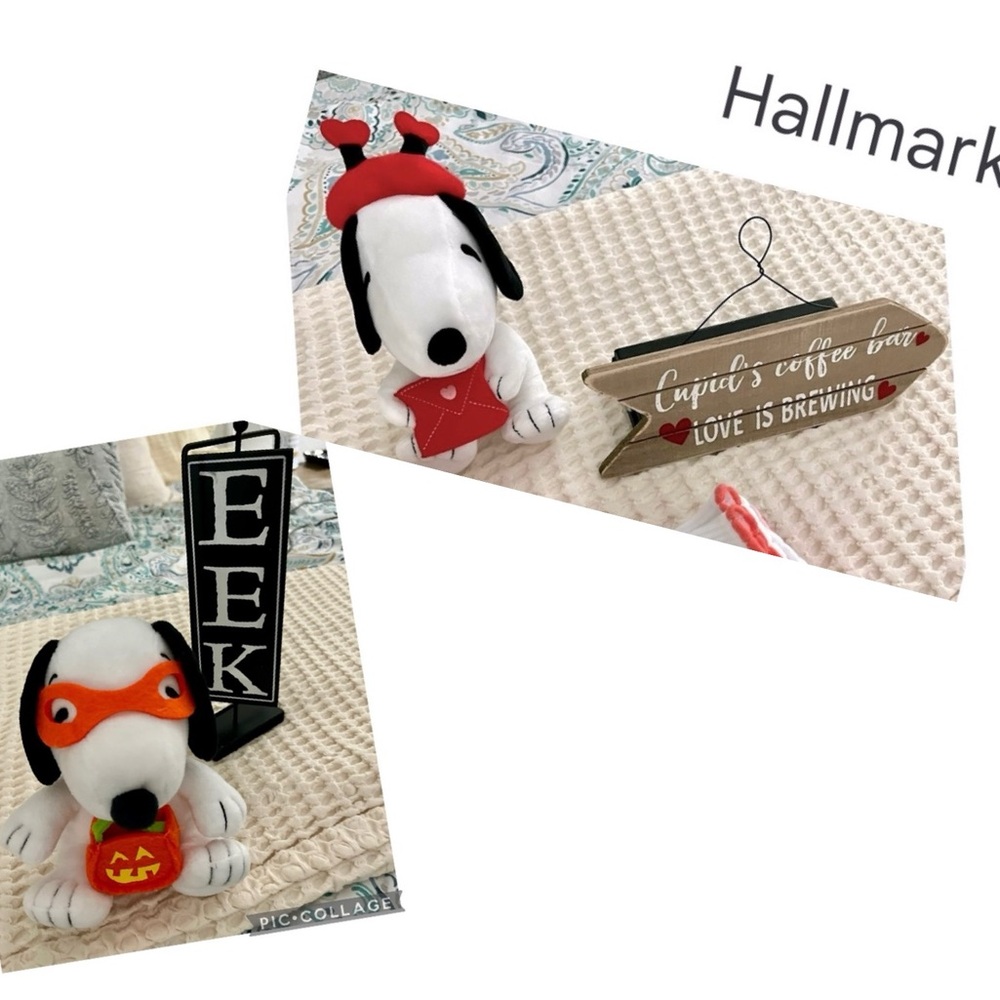 SNOOPY HOLIDAY BUNDLE VALENTINE & HALLOWEEN PLUSH COFFEE BAR & EEK/RIP SIGN